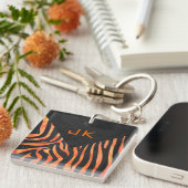 Oranje en zwart Zebra monogram Sleutelhanger (Voorkant Rechts)