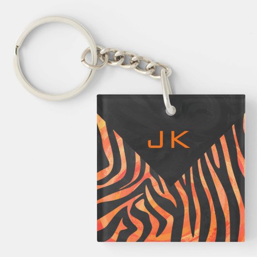 Oranje en zwart Zebra monogram Sleutelhanger (Voorkant)