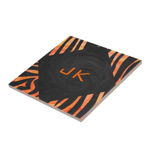 Oranje en zwart Zebra monogram Tegeltje (Zijkant)