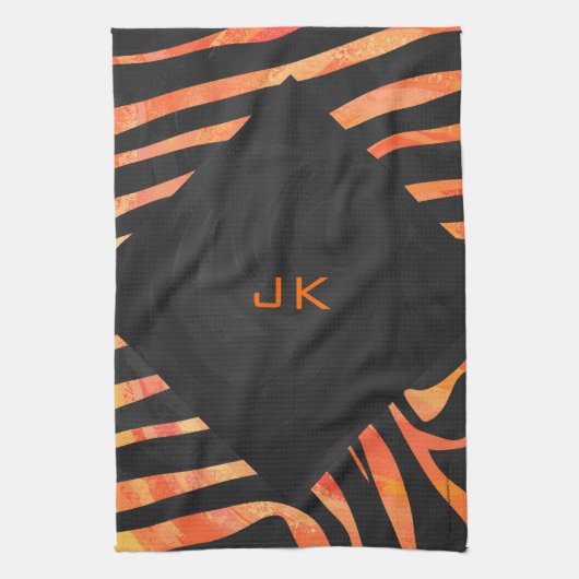Oranje en zwart Zebra monogram Theedoek (Verticaal)