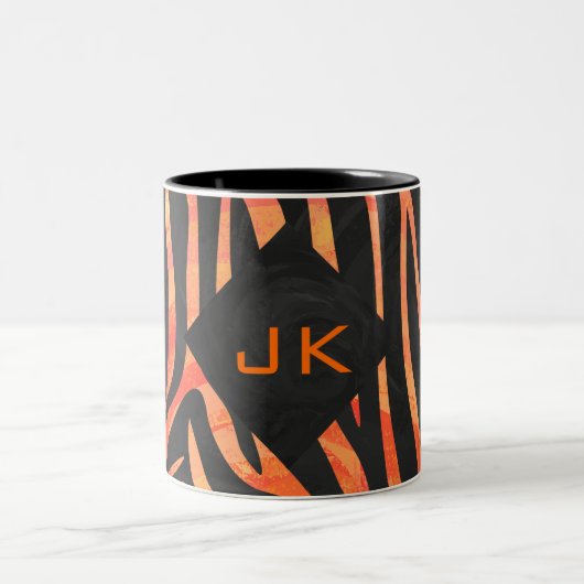 Oranje en zwart Zebra monogram Tweekleurige Koffiemok (Center)
