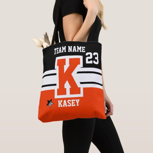 Oranje en zwarte All Varsity Sport Letters Tote Bag (Dichtbij)