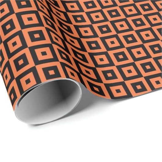 Oranje en Zwarte Art Deco Vierkante Geometrische Cadeaupapier (Rol Hoek)