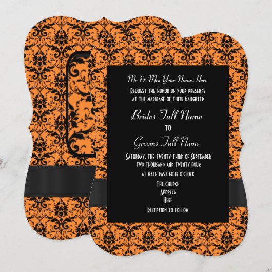 Oranje en zwarte Damask bruiloft Kaart (Voorkant / Achterkant)