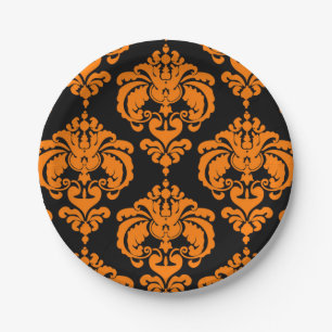 Oranje en zwarte Damask Vintage Wedding Party Papieren Bordje
