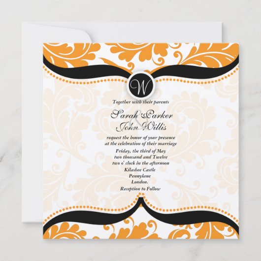 Oranje en zwarte demper Paisley Wedding Invite Kaart (Voorkant)