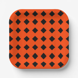 Oranje en Zwarte Diamant Patroon Halloween Papieren Bordje