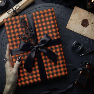 Oranje en Zwarte Gingham Plaid Rut Cadeaupapier