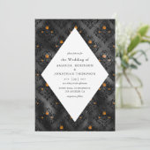 Oranje en Zwarte Glam Nep Folie Damast Bruiloft Kaart (Staand voorkant)