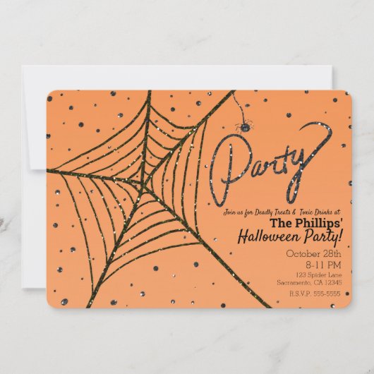 Oranje en zwarte Glitter Spider Web Halloween Part Kaart (Voorkant)