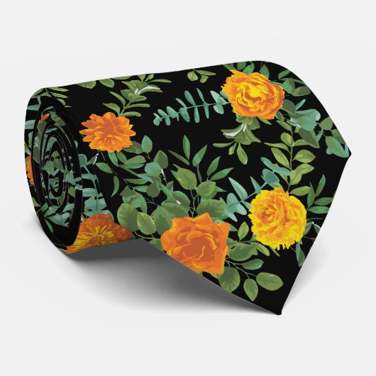 Oranje en zwarte gotische pony's en Roos (Floral W Stropdas (Opgerold)