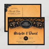 Oranje en zwarte Halloween Elegant Save the Date Aankondigingskaart (Voorkant / Achterkant)