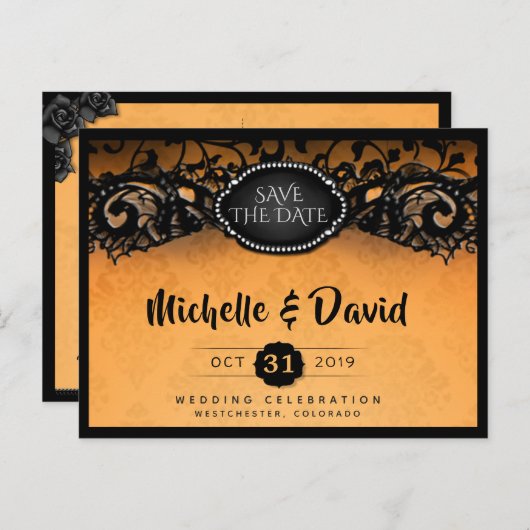 Oranje en zwarte Halloween Elegant Save the Date Aankondigingskaart (Voorkant / Achterkant)