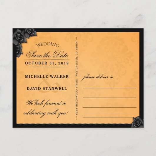 Oranje en zwarte Halloween Elegant Save the Date Aankondigingskaart (Achterkant)