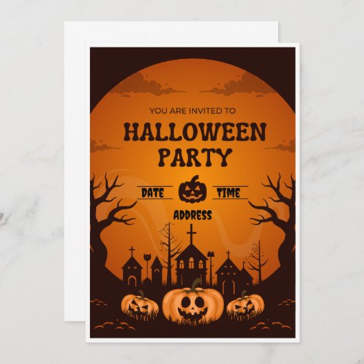 Oranje en zwarte Halloween-feestuitnodiging Kaart (Voorkant / Achterkant)