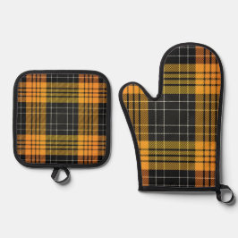 Oranje en zwarte Halloween Herfst Plaid Ovenwant & Pannenlap Set