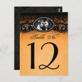 Oranje en zwarte Halloween Skeletons Tafelnummer (Voorkant / Achterkant)