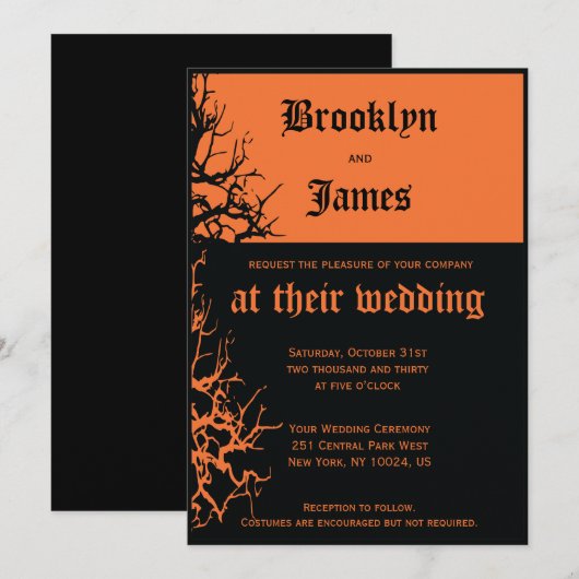 Oranje en zwarte huwelijksuitnodigingen kaart (Voorkant / Achterkant)