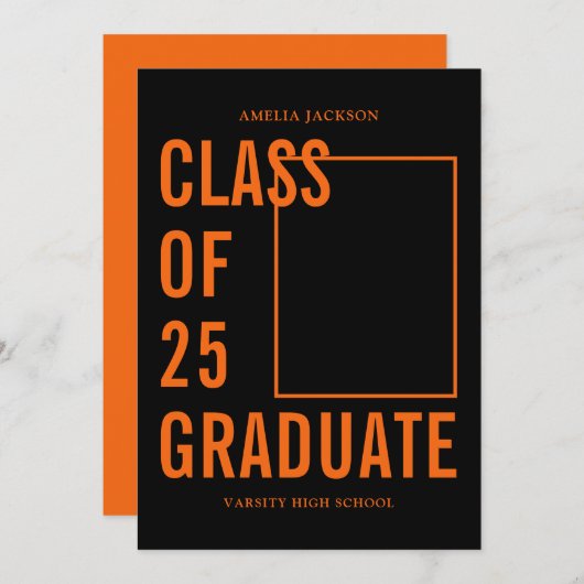 Oranje en zwarte klasse van 25 foto-Afstuderen Aankondiging (Voorkant / Achterkant)