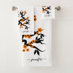 Oranje en zwarte liefdesvogelkersboom, bloesems bad handdoek