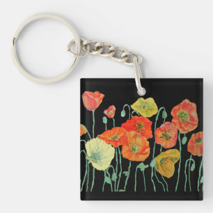 Oranje en zwarte papaver, florale acrylle sleutelr sleutelhanger