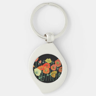 Oranje en zwarte papaver, florale acrylle sleutelr sleutelhanger