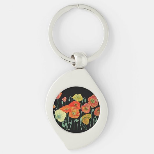 Oranje en zwarte papaver, florale acrylle sleutelr sleutelhanger (Voorkant)