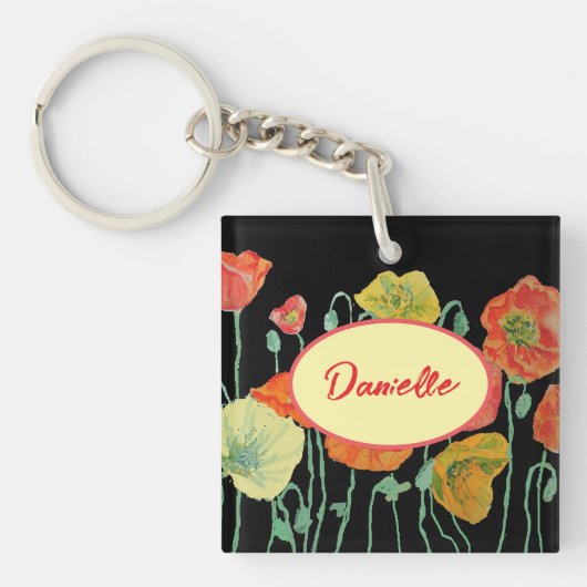 Oranje en zwarte papaver, florale acrylle sleutelr sleutelhanger (voorkant)