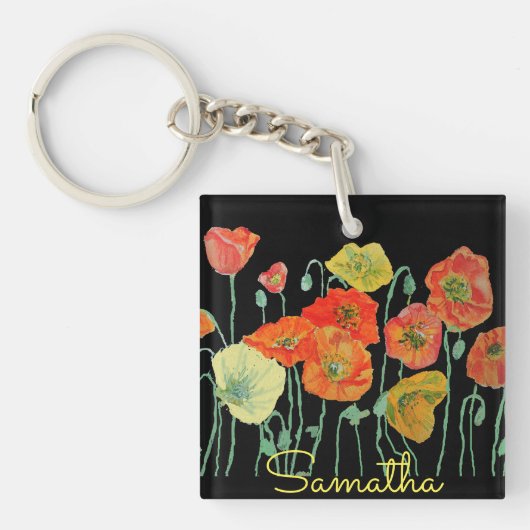 Oranje en zwarte papaver, florale acrylle sleutelr sleutelhanger (voorkant)