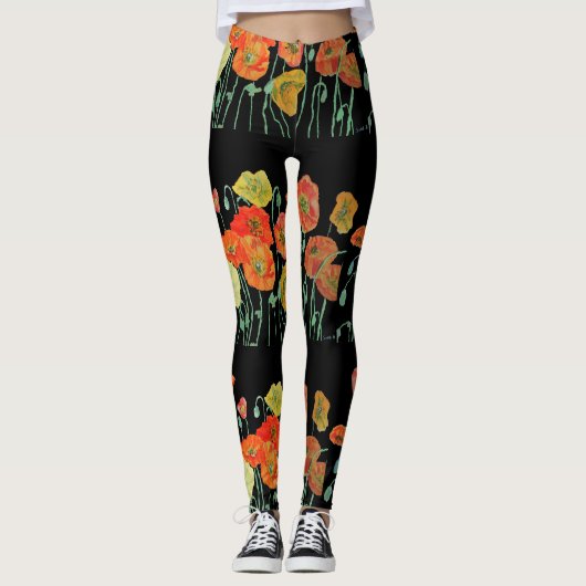 Oranje en zwarte papaver-Leggings Leggings (Voorkant)