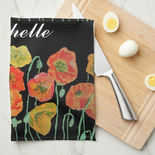 Oranje en zwarte papaver Waterverf theedoeken (Quarter Fold)