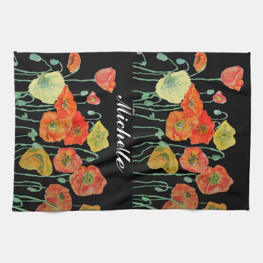 Oranje en zwarte papaver Waterverf theedoeken (Horizontaal)