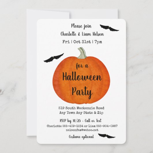 Oranje en zwarte pompoen en vleermuizen Halloween  Kaart (Voorkant)