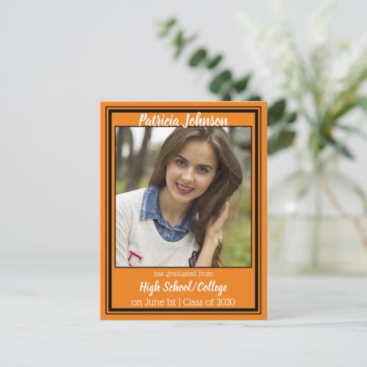 Oranje en zwarte schoolkleuren Foto Afstuderen Aankondigingskaart (Staand voorkant)
