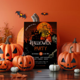 Oranje en zwarte spookachtige Halloween-feestuitno Kaart