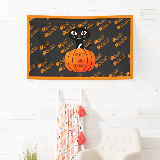 Oranje en zwarte Spooky Cat Pumpkin Halloween Spandoek (Insitu)
