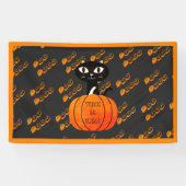 Oranje en zwarte Spooky Cat Pumpkin Halloween Spandoek (Horizontaal)
