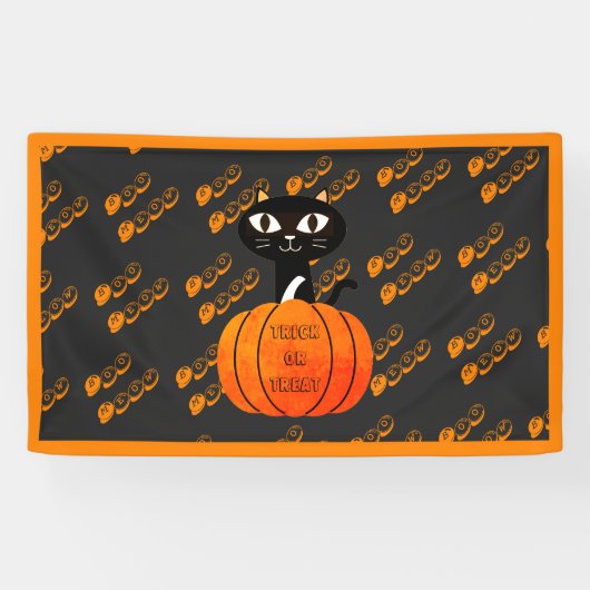 Oranje en zwarte Spooky Cat Pumpkin Halloween Spandoek (Horizontaal)
