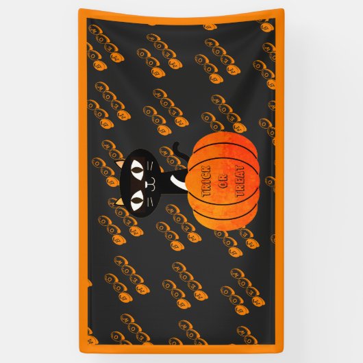Oranje en zwarte Spooky Cat Pumpkin Halloween Spandoek (Verticaal)