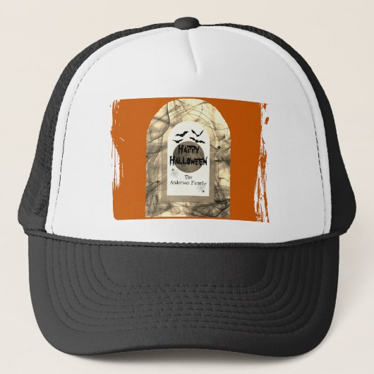 Oranje en zwarte Spooky Volle Maan Happy Halloween Trucker Pet (Voorkant)