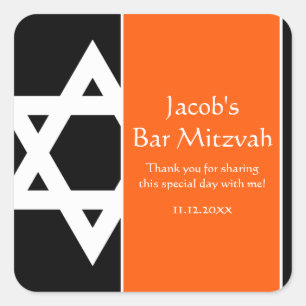 Oranje en zwarte ster van David Bar Mitzvah Favor Vierkante Sticker