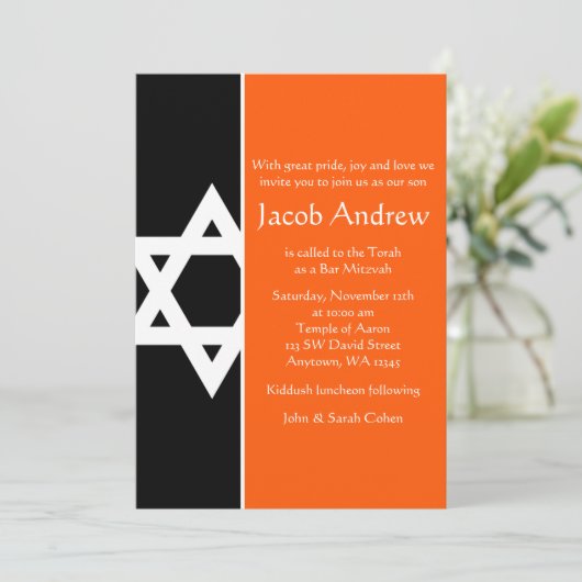 Oranje en zwarte ster van David Bar Mitzvah Kaart (Staand voorkant)