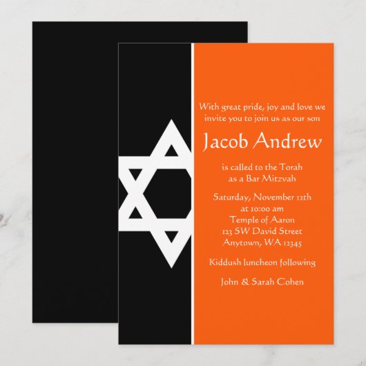 Oranje en zwarte ster van David Bar Mitzvah Kaart (Voorkant / Achterkant)