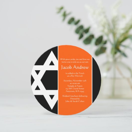 Oranje en zwarte ster van David Round Bar Mitzvah Kaart (Staand voorkant)