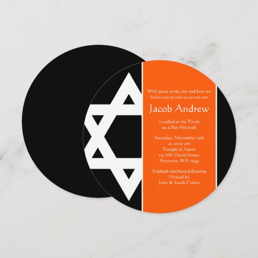 Oranje en zwarte ster van David Round Bar Mitzvah Kaart (Voorkant / Achterkant)