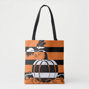Oranje en zwarte strepen met pompoen tote bag