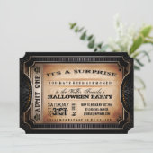 Oranje en zwarte verrassing Halloween Party Ticket Kaart (Staand voorkant)