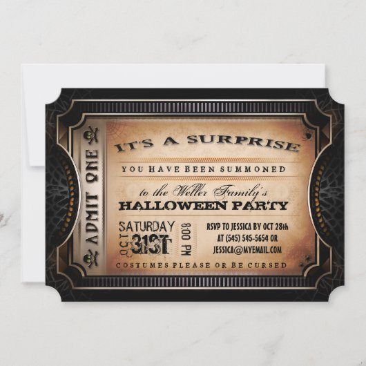 Oranje en zwarte verrassing Halloween Party Ticket Kaart (Voorkant)