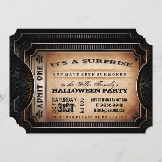 Oranje en zwarte verrassing Halloween Party Ticket Kaart (Voorkant / Achterkant)