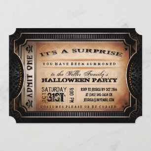 Oranje en zwarte verrassing Halloween Party Ticket Kaart